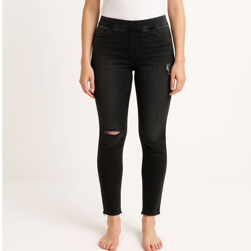 SPANX Pull on Black Distressed Skinny Jeans M Indie Sleaze Grunge 90s Stretch